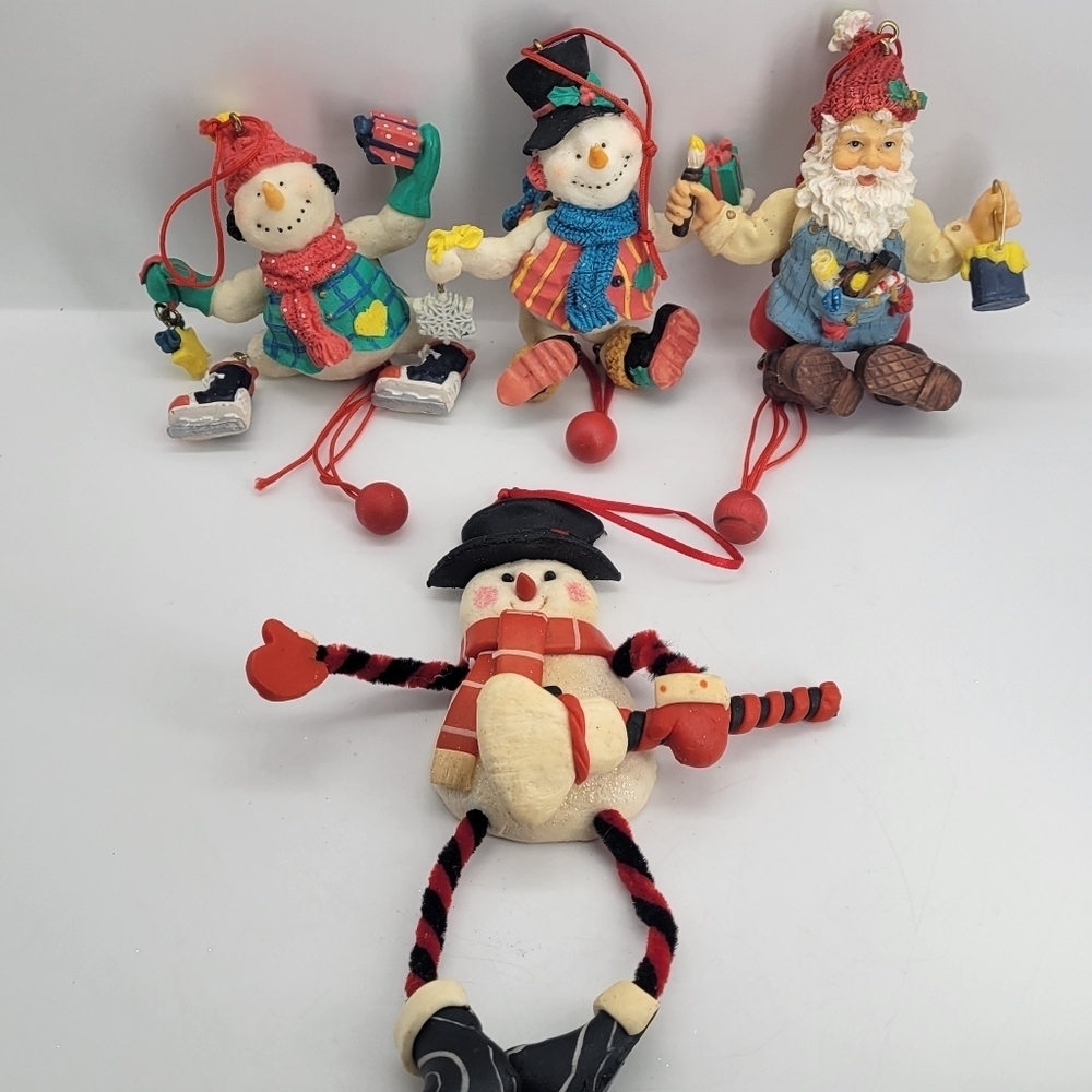 Christmas Tree Ornament Set of 4 Snowman Santa Legs Arms FLexiible Handpainted